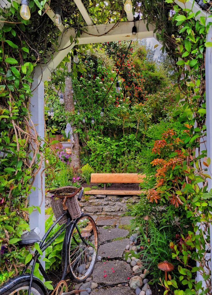May garden pathway with bench and vintage bike