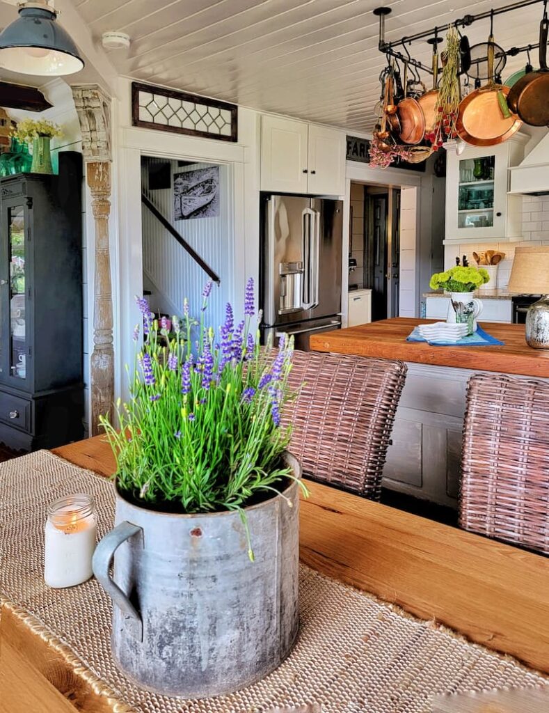 container of lavender in a cottage kitchen