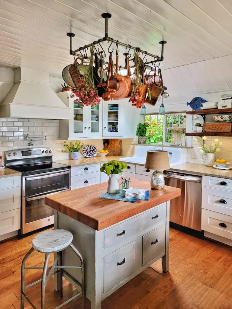 cottage kitchen and a butcher block island created from a dresser