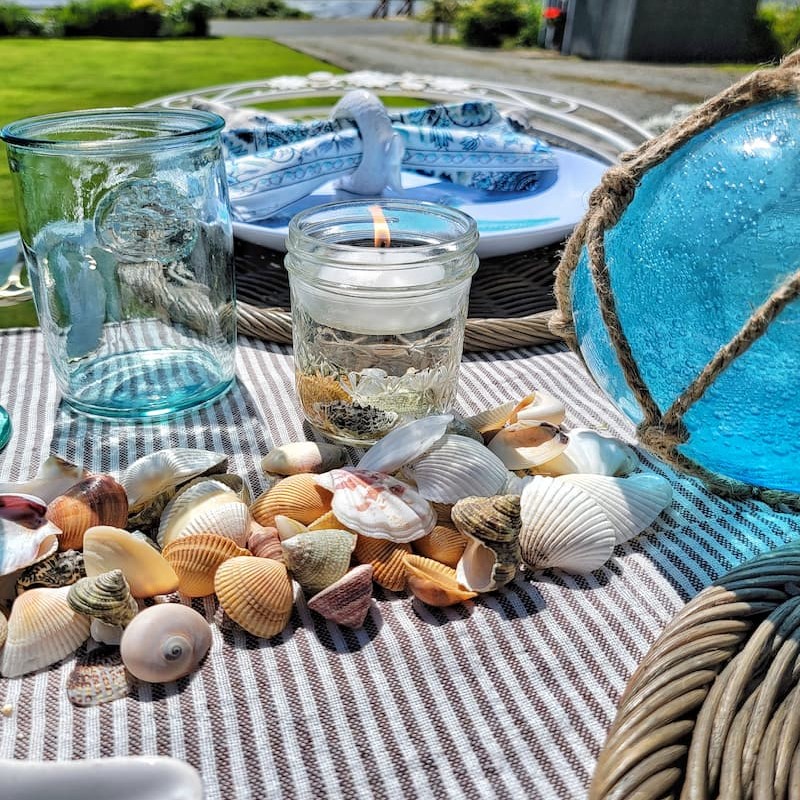 seashells and candle for table centerpiece