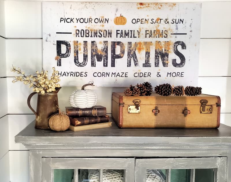 Vintage Fall Decor Ideas pumpkin sign and vintage suitcase
