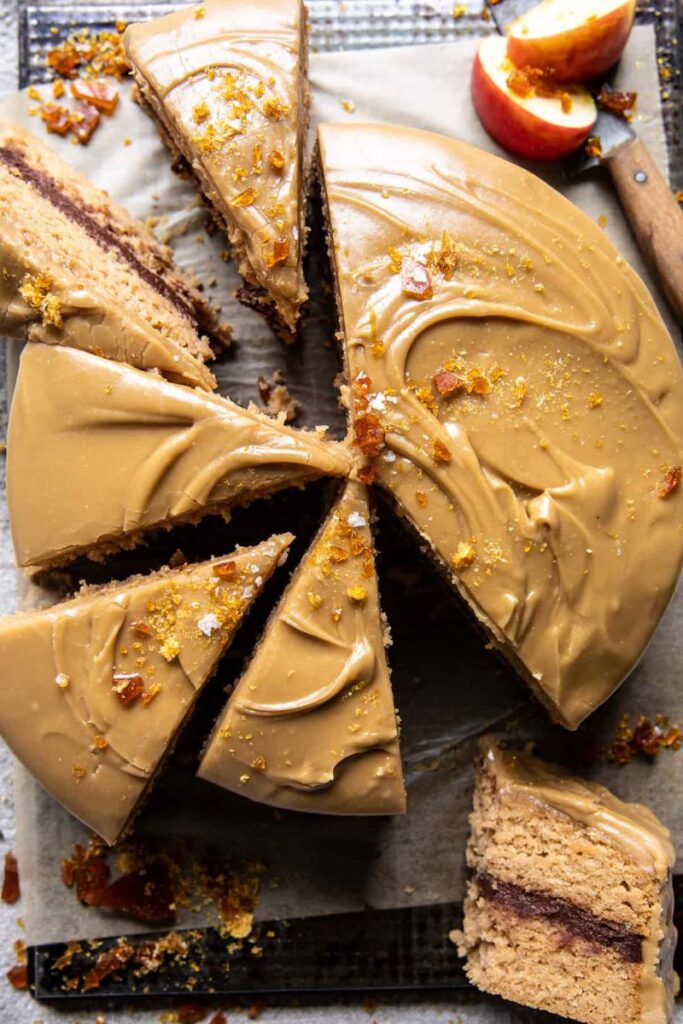 caramel apple butter cake with chocolate frosting