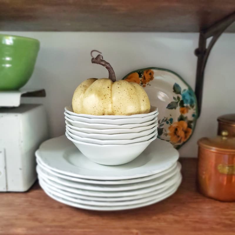 vintage ironstone dishes with white pumpkin