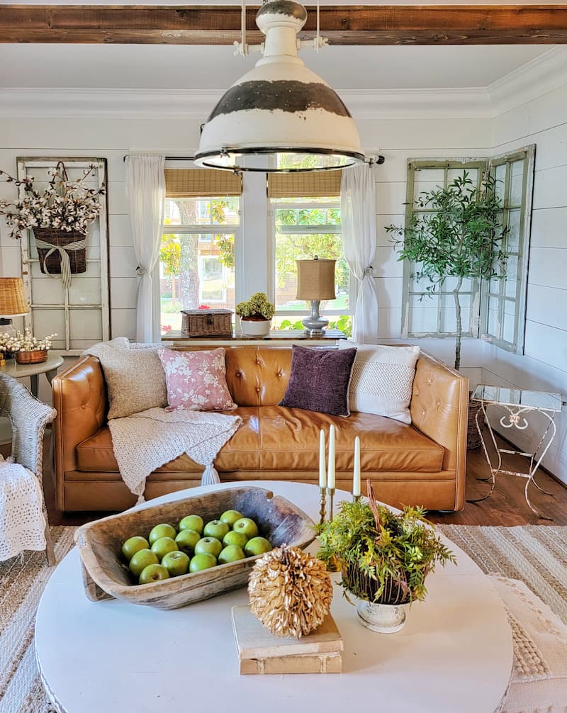 cottage living room decorated for fall