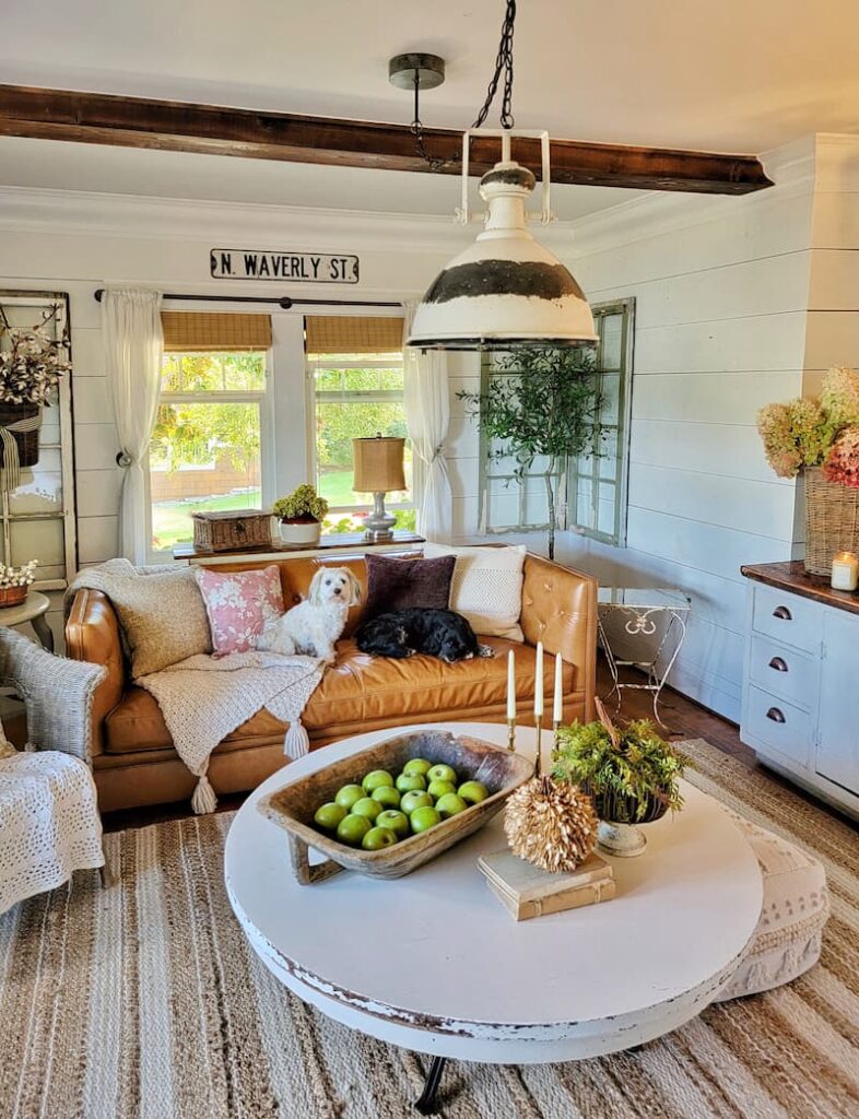 fall cottage style home tour living room with dogs