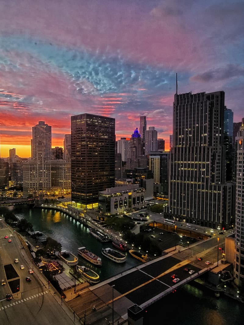 view of Chicago from the Swissotel at sunset