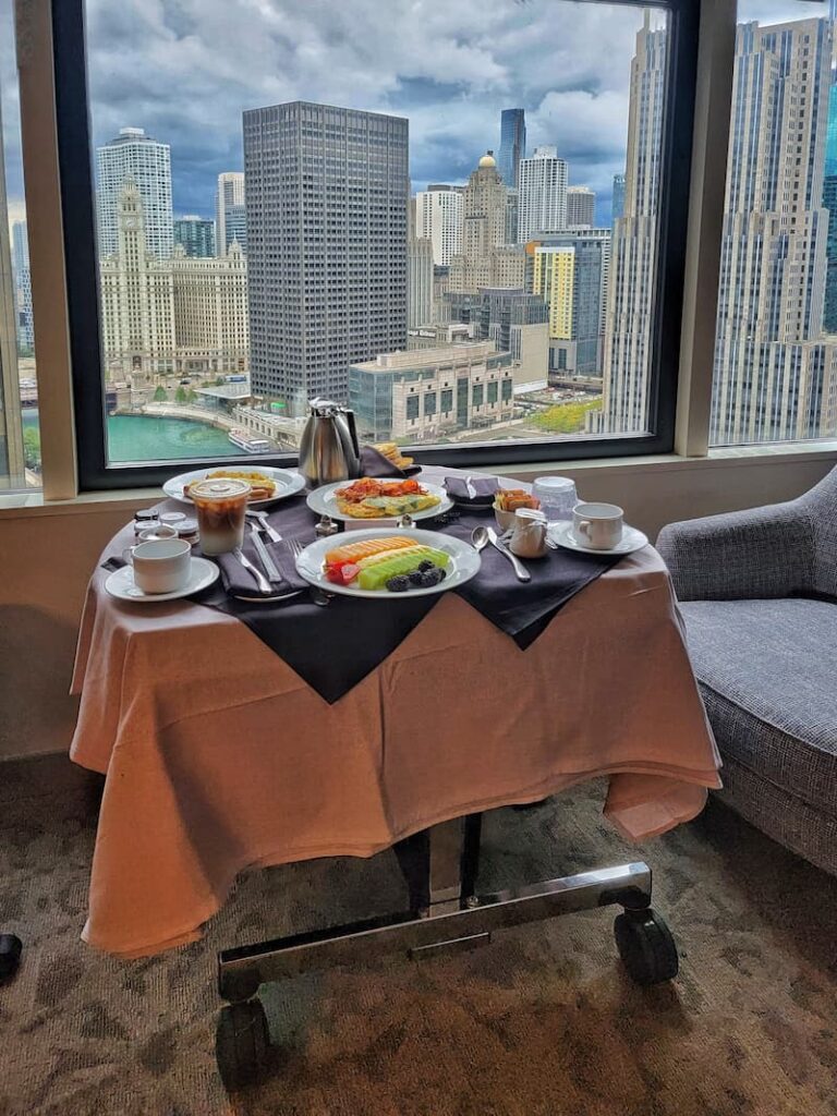 room service in the hotel looking at the Chicago view