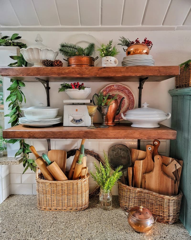 Christmas décor on open shelving in kitchen