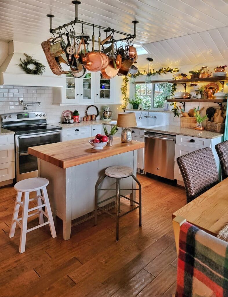 Cottage style kitchen decorated for Christmas
