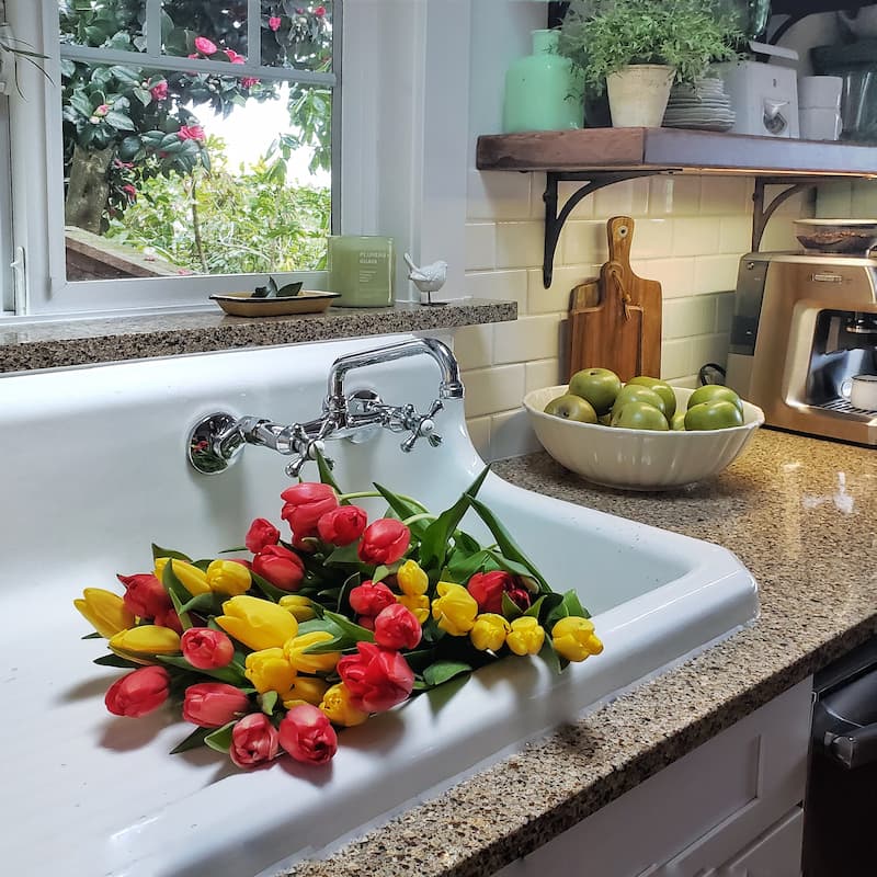 yellow and red tulips in sink