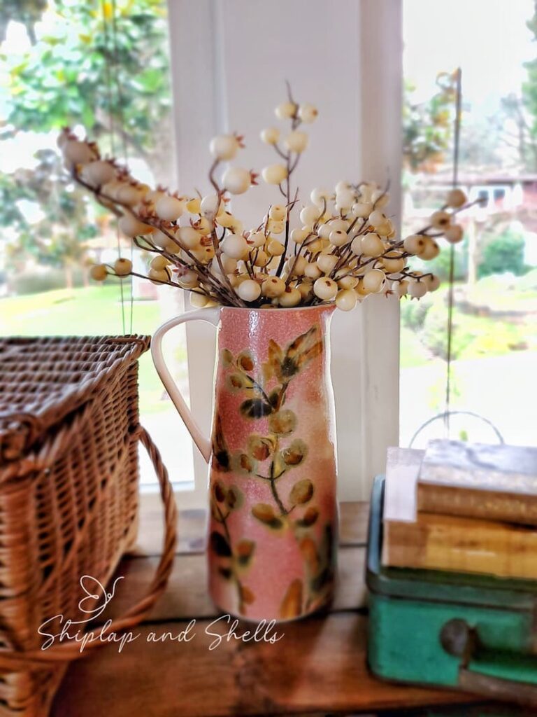 Valentine's Day decor ideas: pink pitcher with white berries 