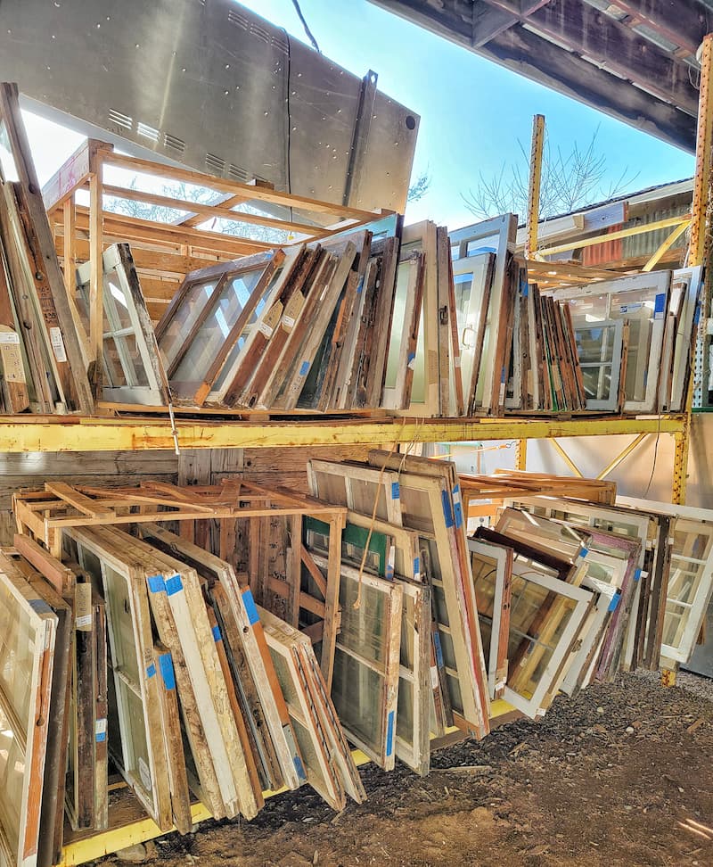 vintage windows from architectural salvage yard