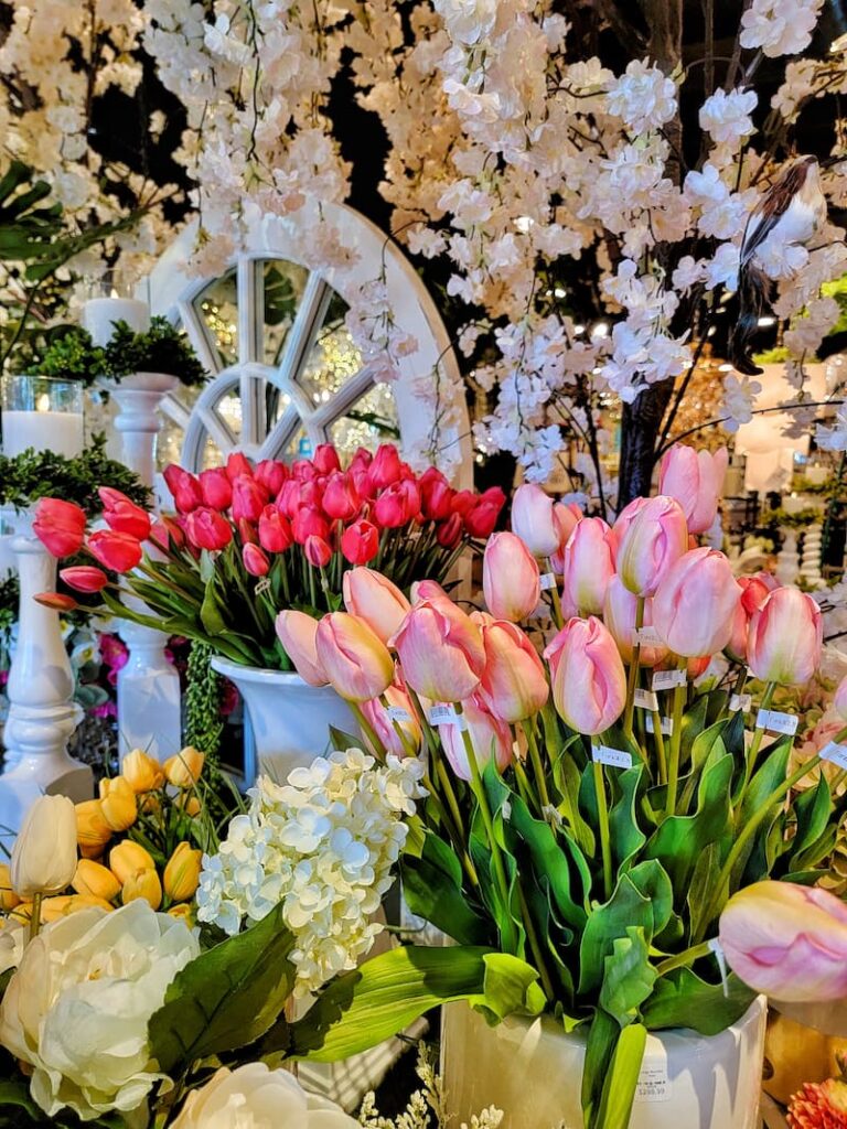 faux tulips and spring blossoms