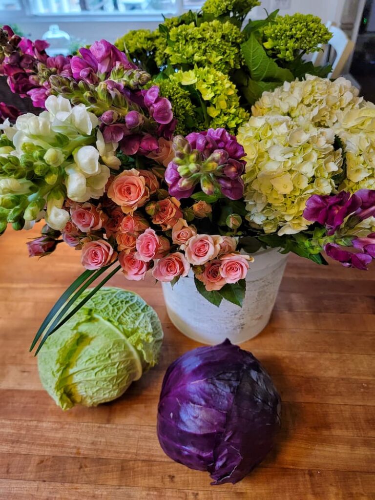 cabbage and flowers for an Easter centerpiece