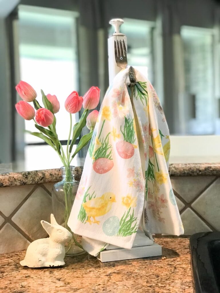 Easter dish towel, tulips and bunny