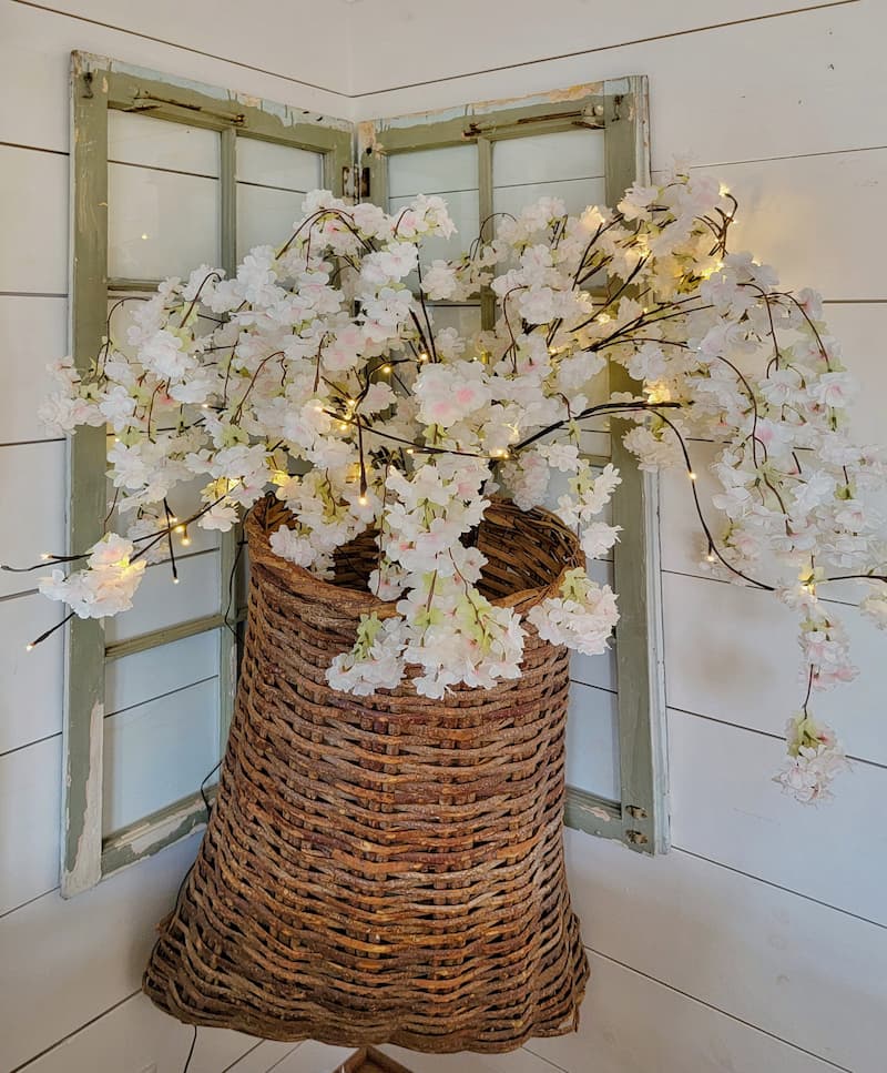 faux spring cherry blossom tree in hanging basket