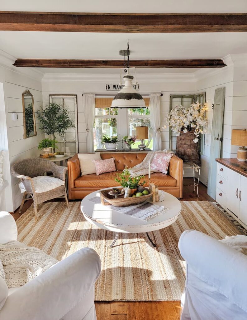 cottage living room decorated for spring