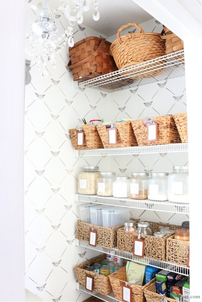 pantry organization with jars and baskets