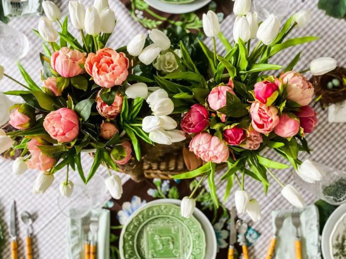 pretty Easter table with tulip centerpiece