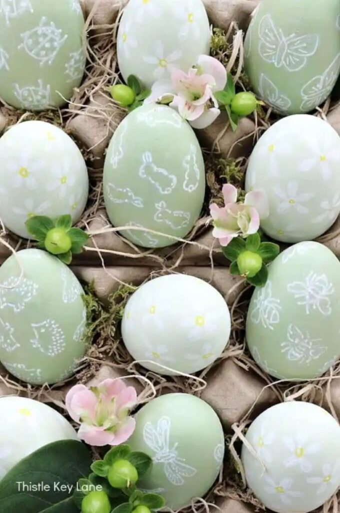 green printed eggs for Easter