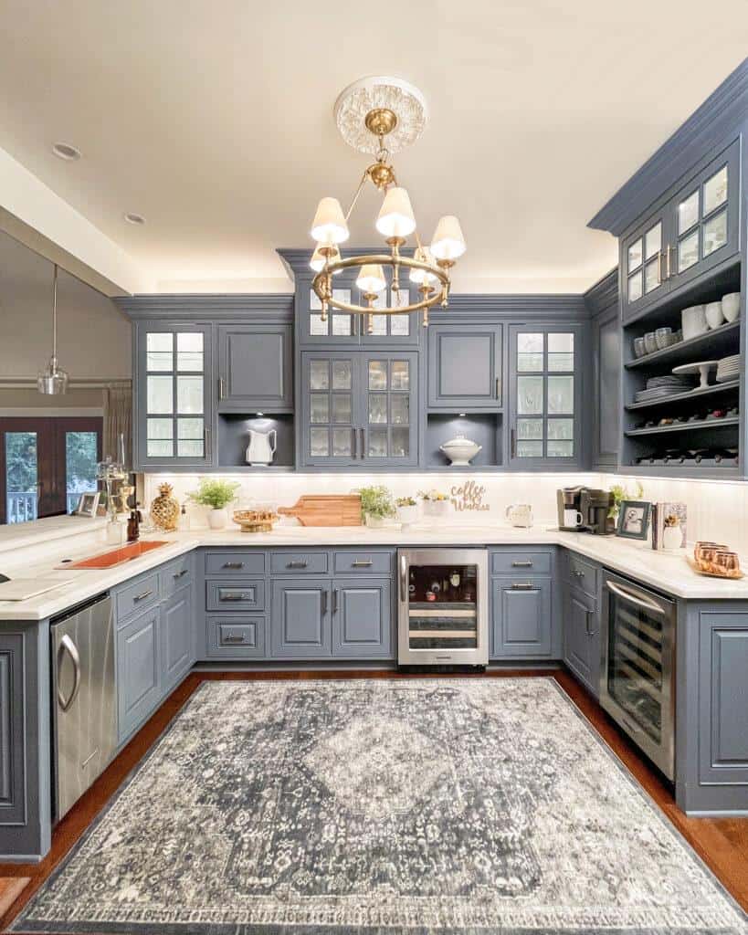 blue cabinets in butler's pantry