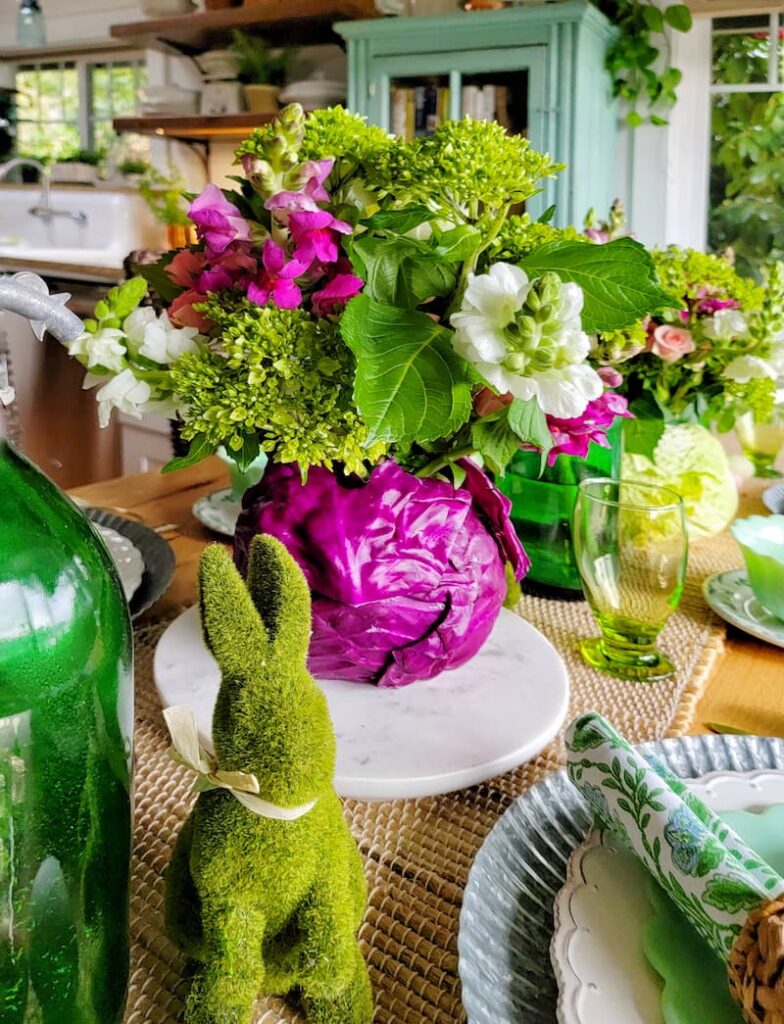 red cabbage vase and flowers for a Easter centerpiece