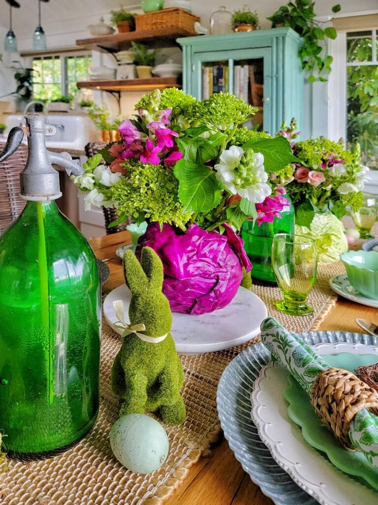 cabbage vase with flowers for an Easter centerpiece