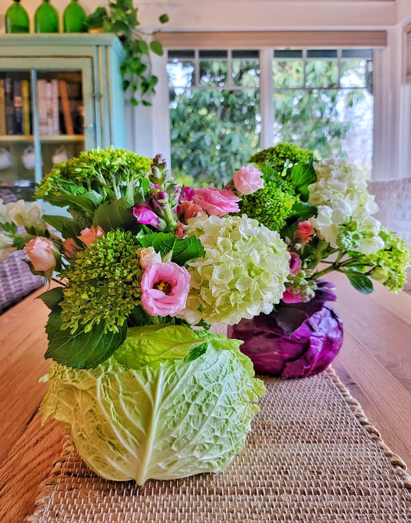 cabbage vase and flowers for an Easter centerpiece