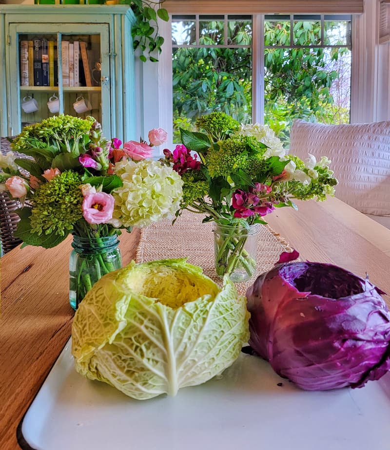 cabbage hollowed out in the center and flowers for an Easter centerpiece