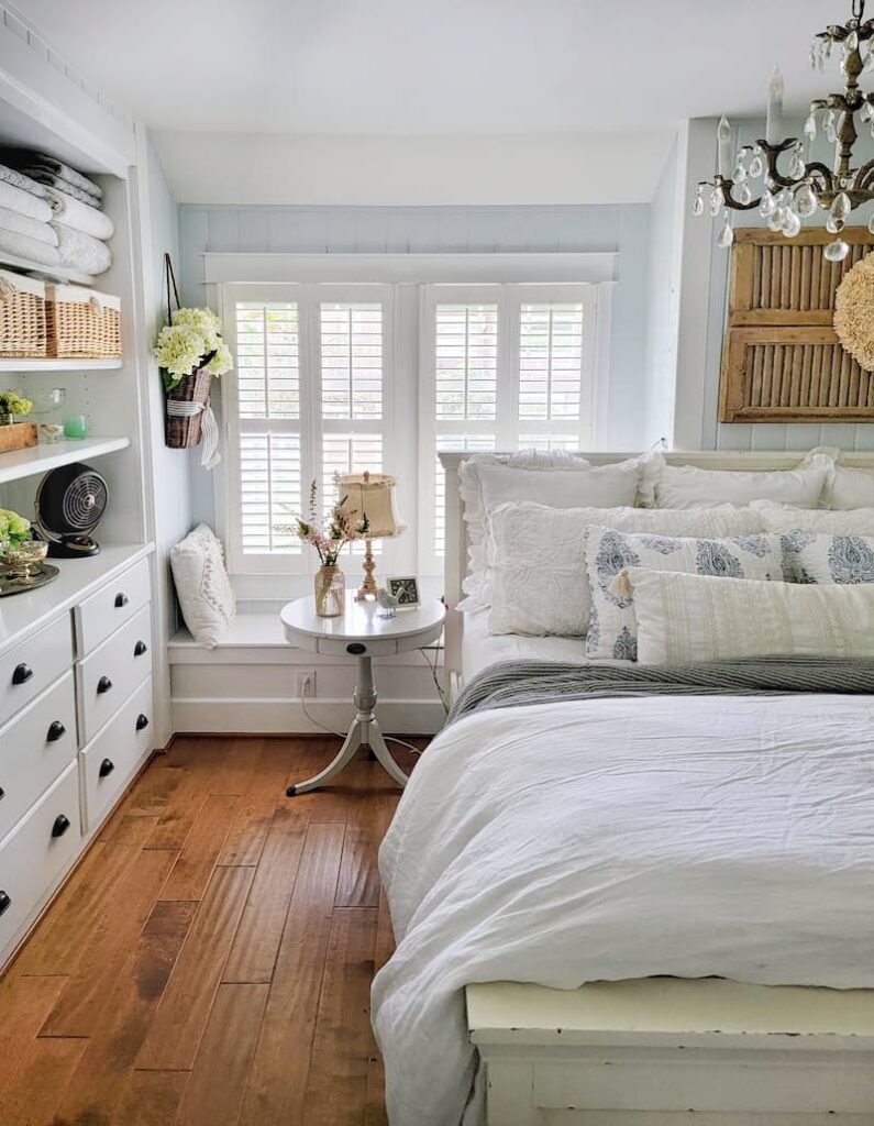 summer bedroom with plantation shutters