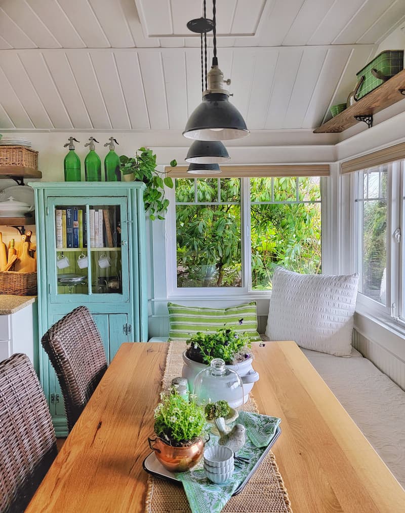 cottage-style kitchen with early spring home décor: dining table