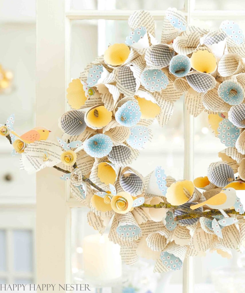 yellow and blue spring wreath made of book pages