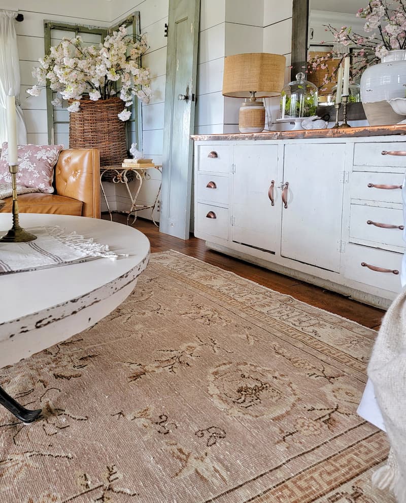 vintage pink and cream patterned rug in living room