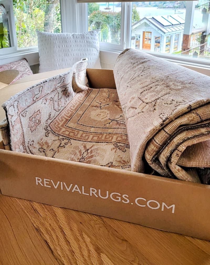 Revival rug inside shipping box