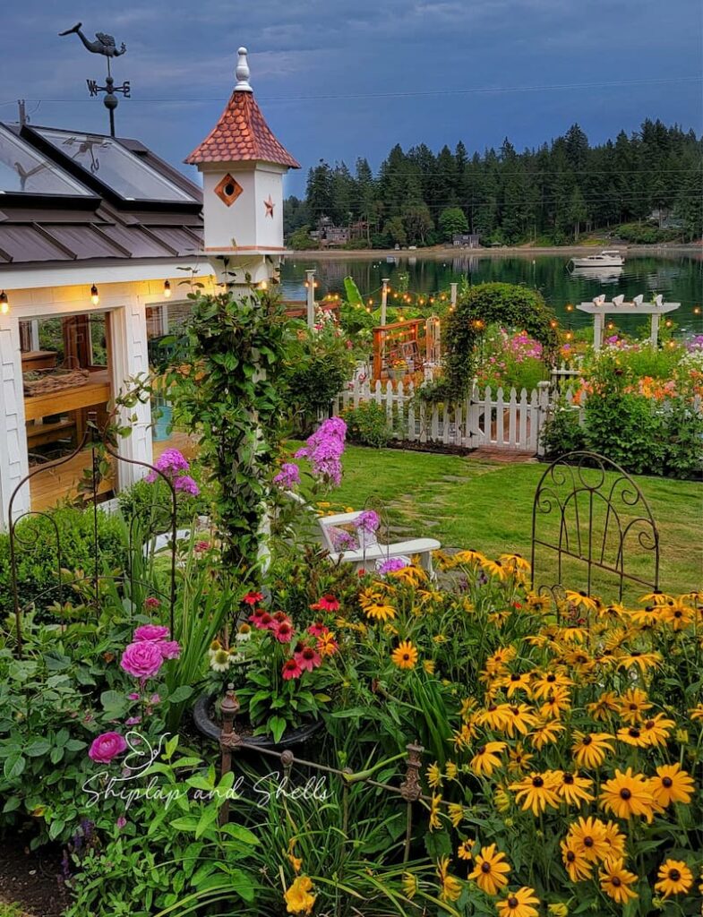 cottage garden with bird house