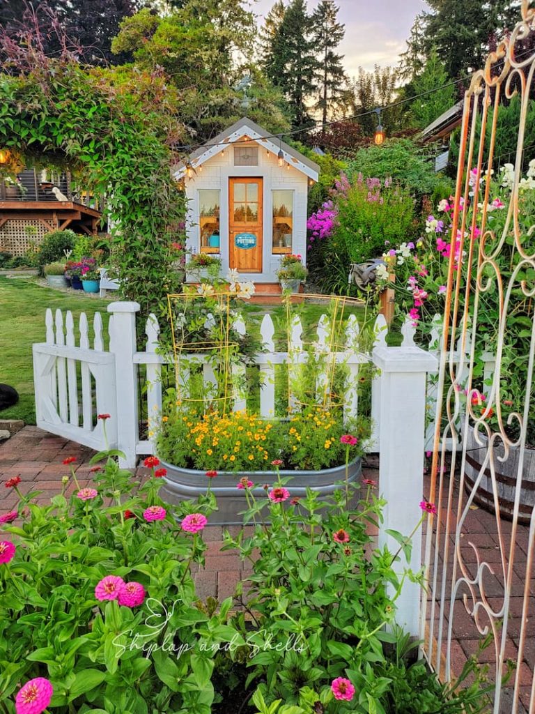 greenhouse and white picket fence garden