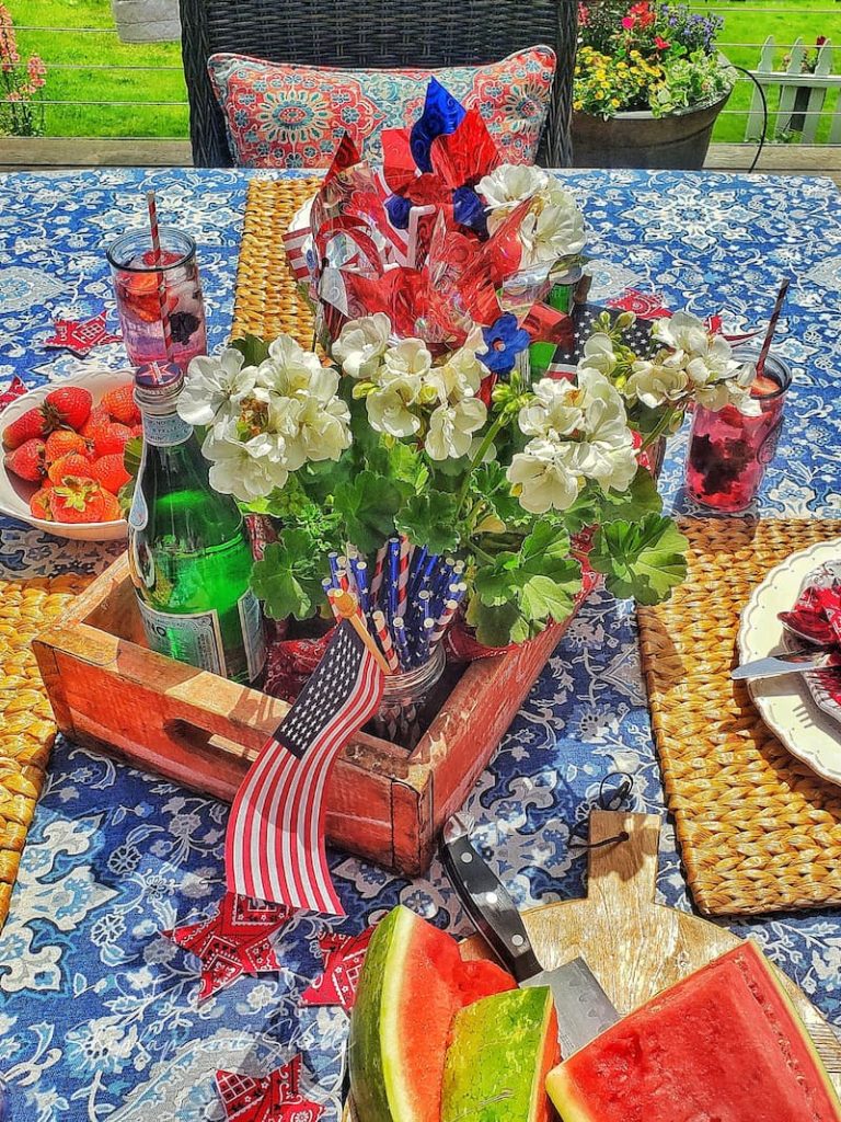 Patriotic tablescape with geraniums
