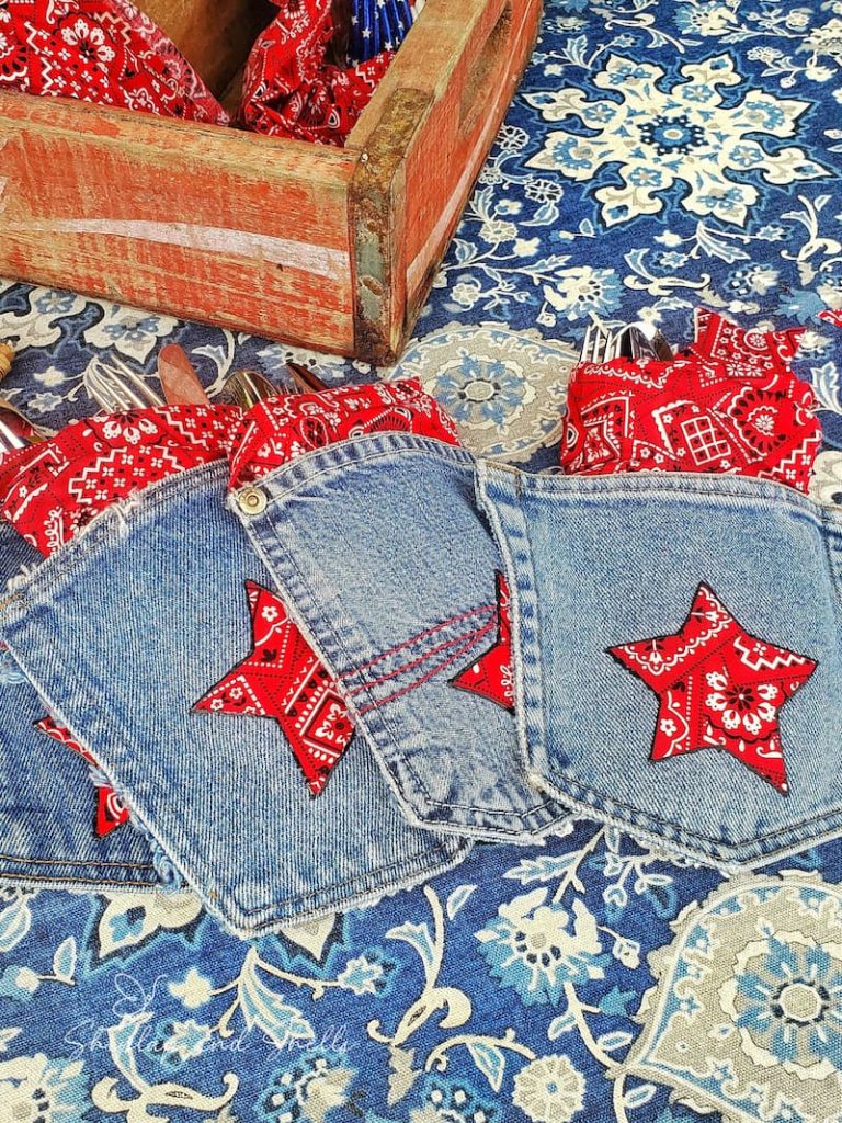 denim pockets with red bandana stars