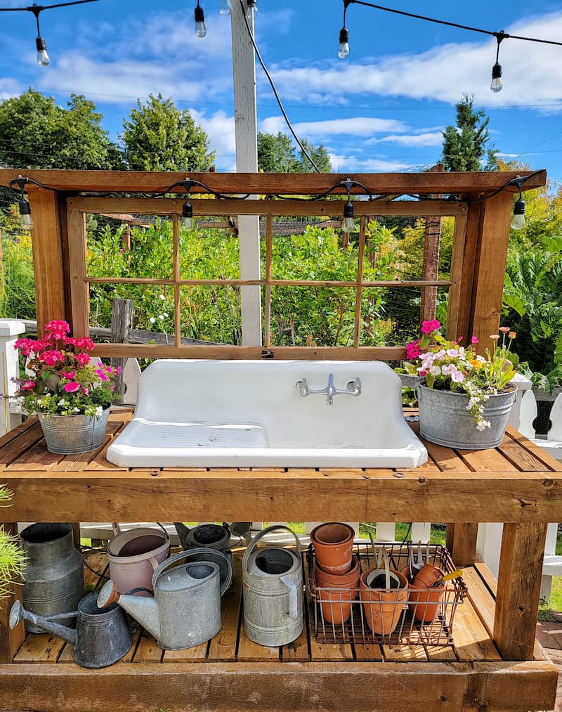 potting bench with vintage farm sink