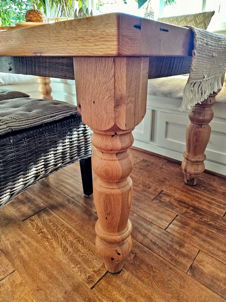 close-up of farmhouse table leg
