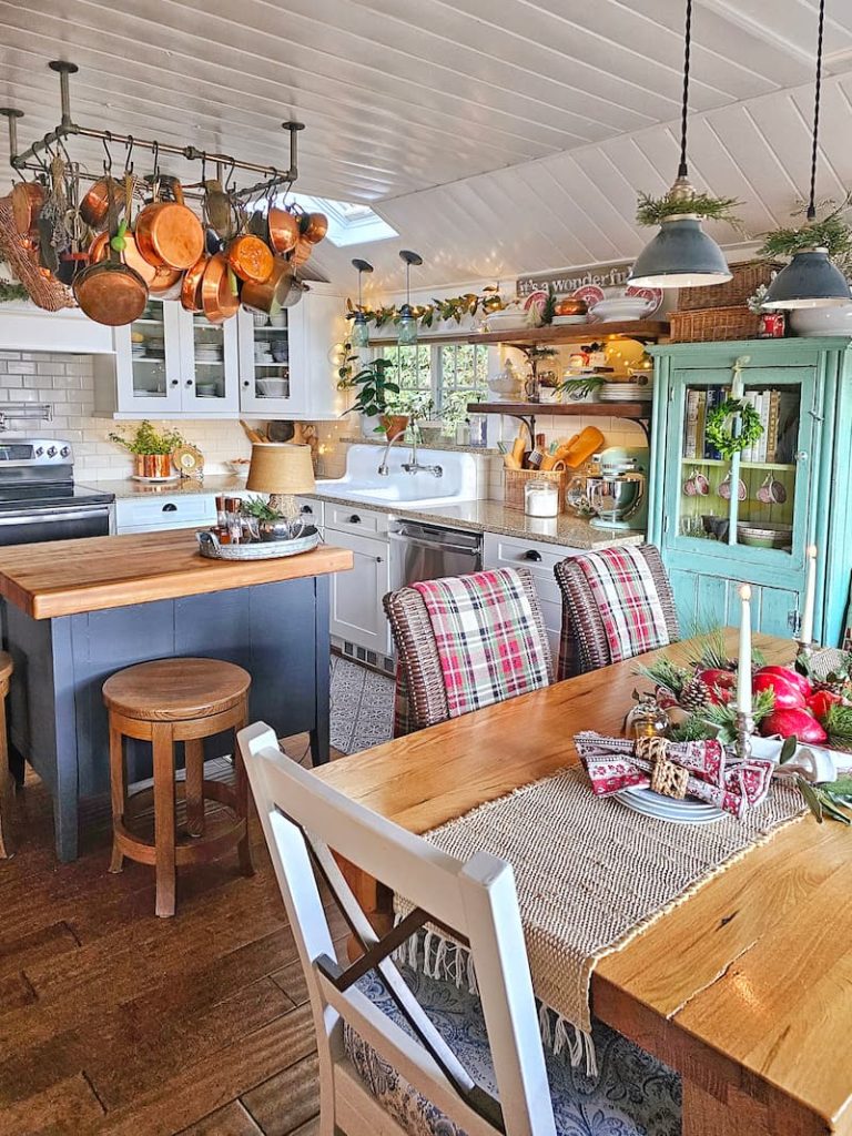 cottage kitchen decorated for Christmas