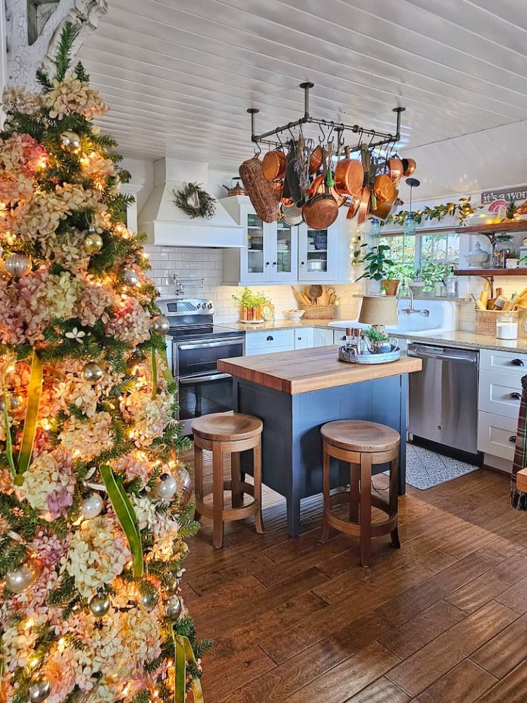 Green and white Christmas decor: hydrangea Christmas tree overlooking the kitchen