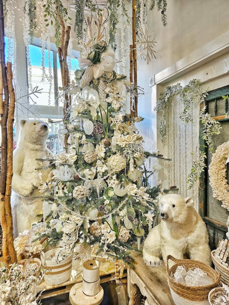 Winter Woodland Christmas decor theme with white ornaments and polar bear decorations