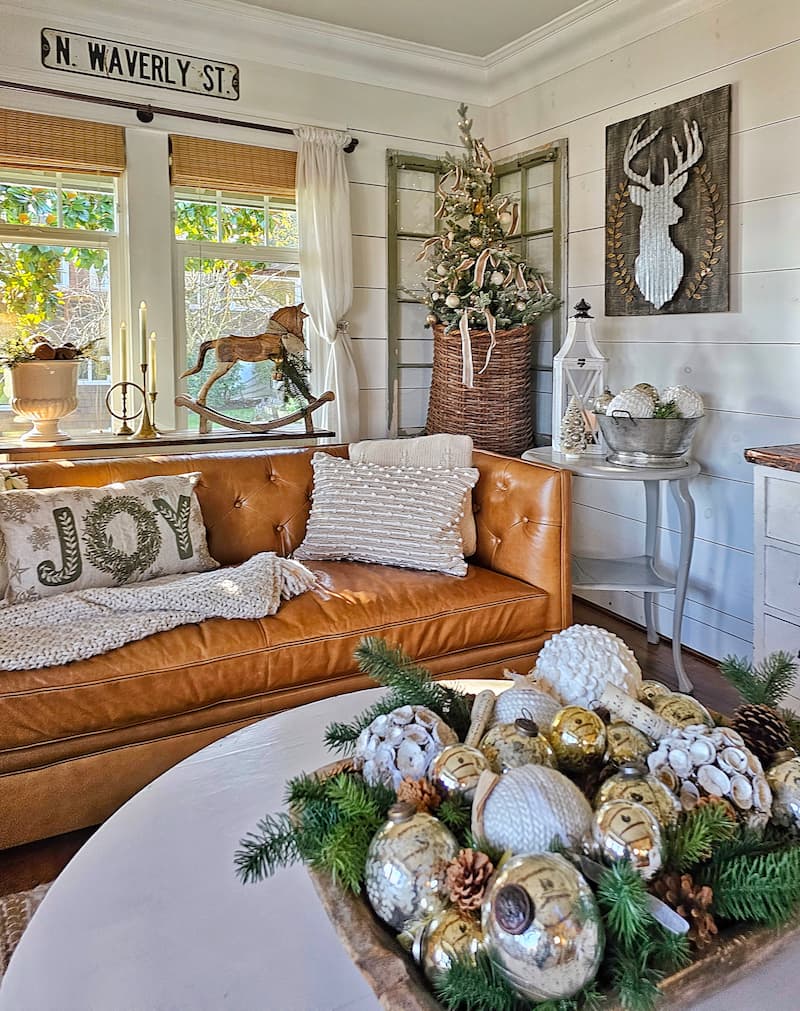 Green and white Christmas decor: living room decorated for Christmas