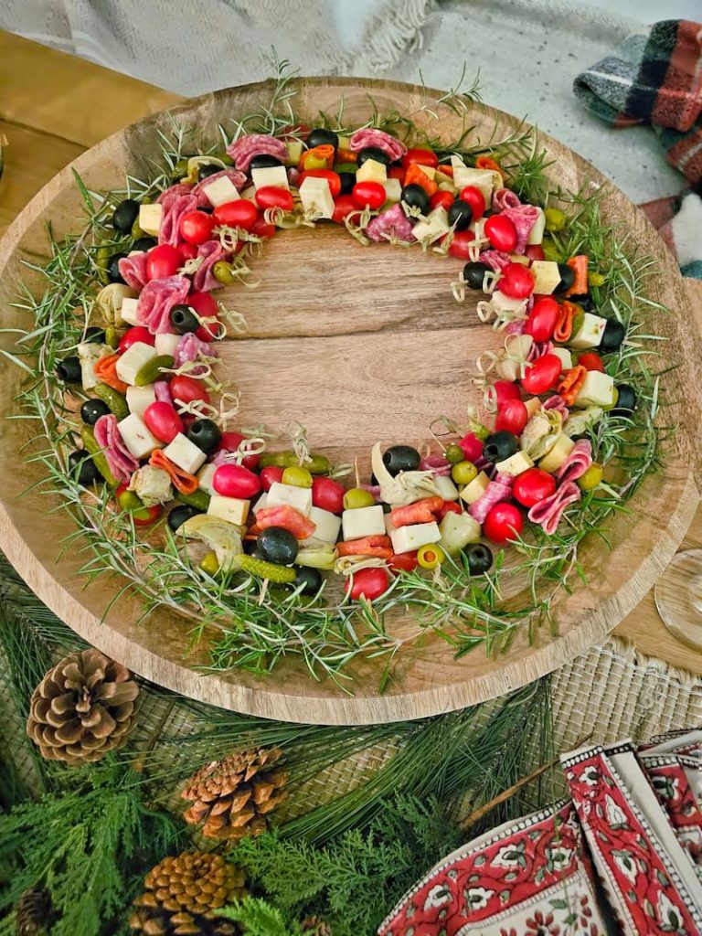 Christmas wreath charcuterie with antipasto skewers