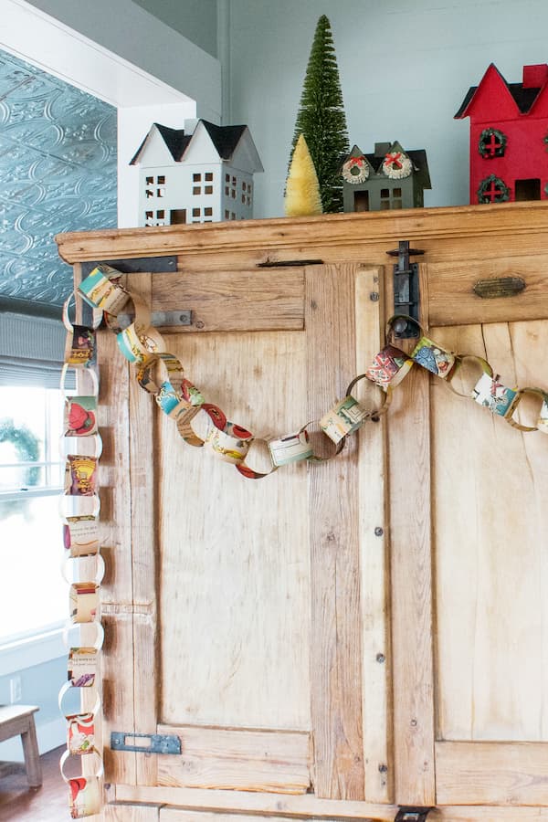 homemade chain garland and village homes for Christmas