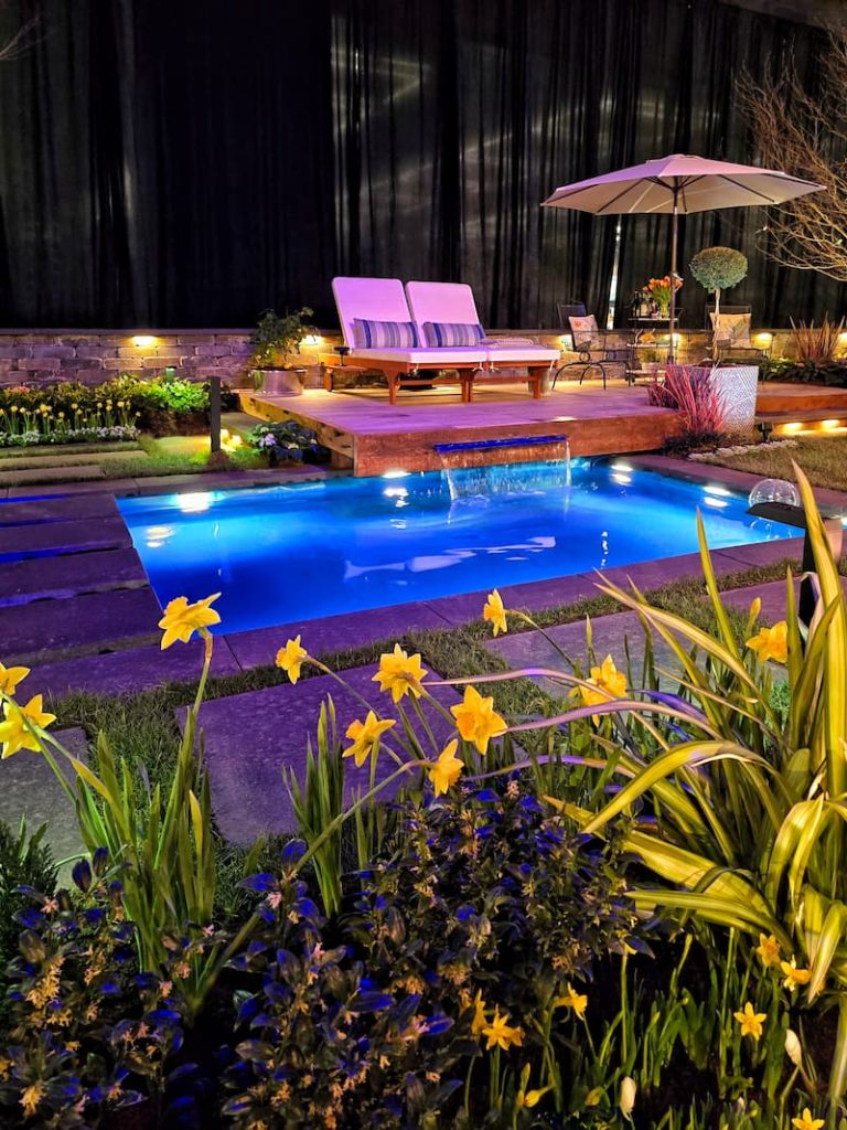 pool and outdoor space with daffodils