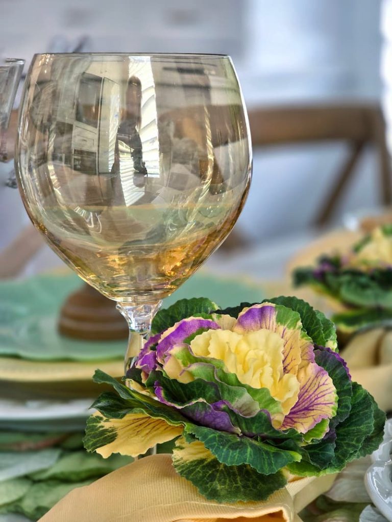 spring tablescape with cabbage and glassware