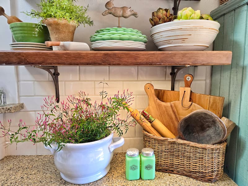 kitchen open shelving decorated for spring