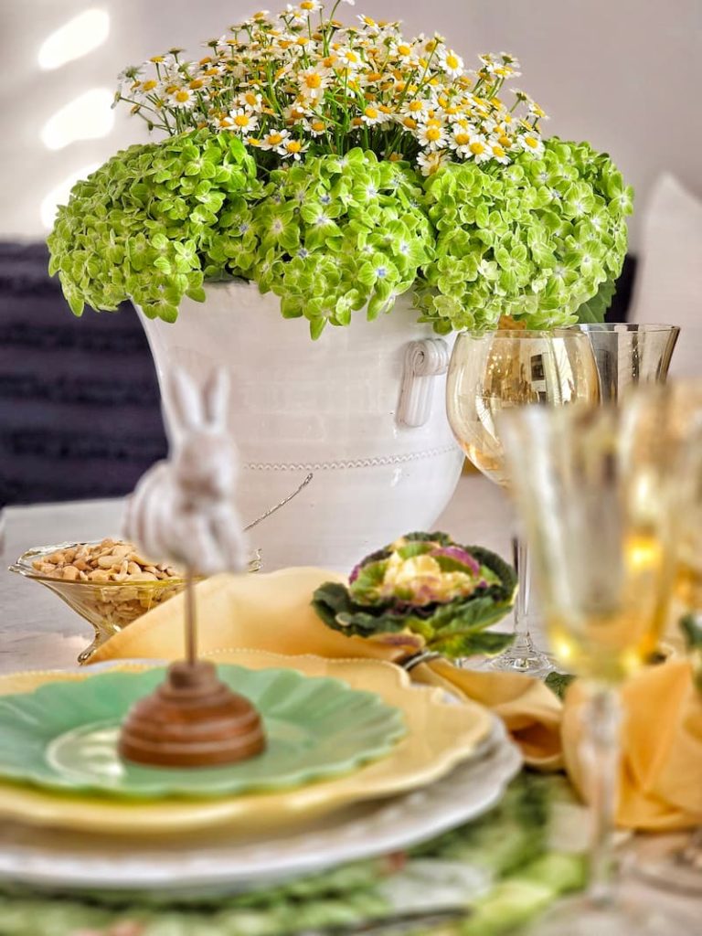 floral spring centerpiece and Easter decor